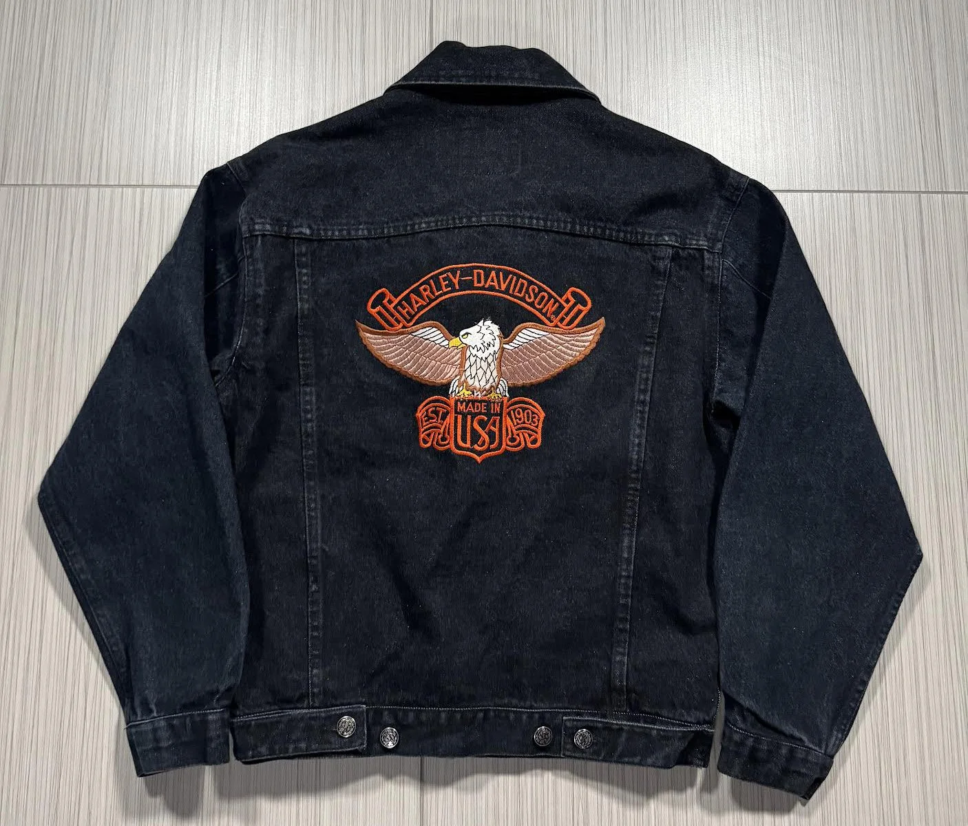 Vintage Workshop Harley Davidson Black Denim Jacket (Size S) — RootsBK